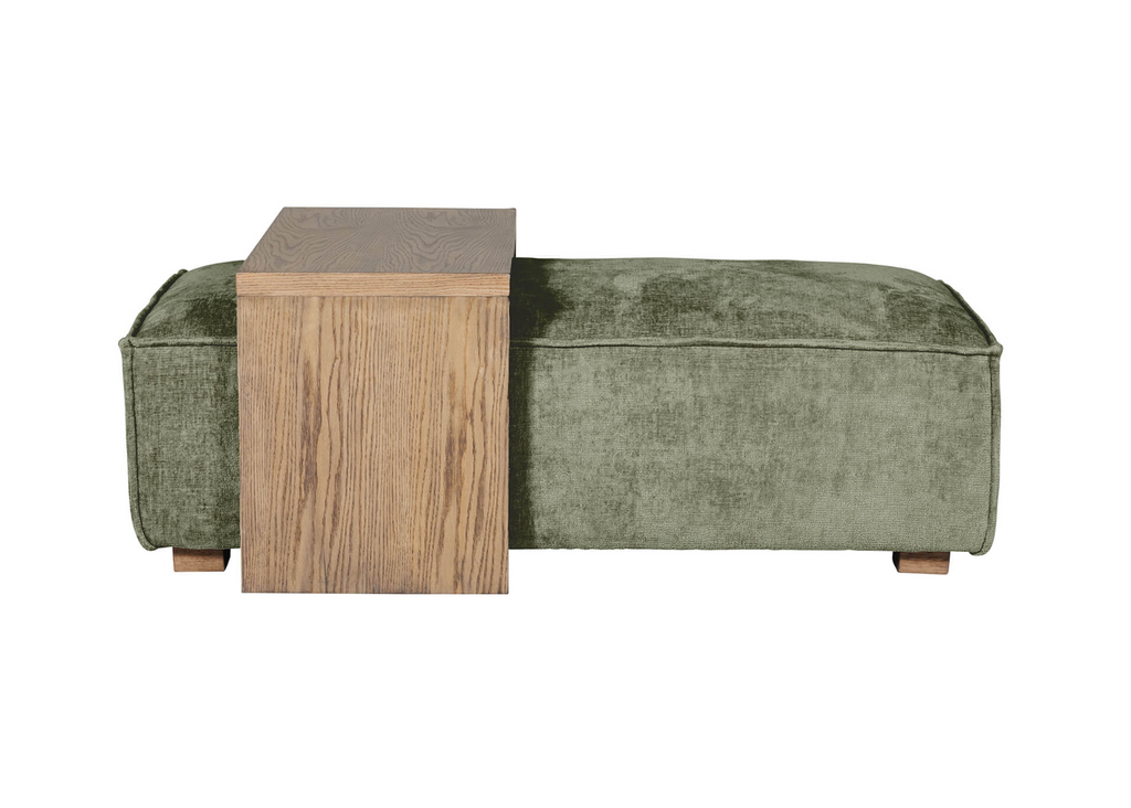 Green upholstered ottoman with wooden square table on a white background