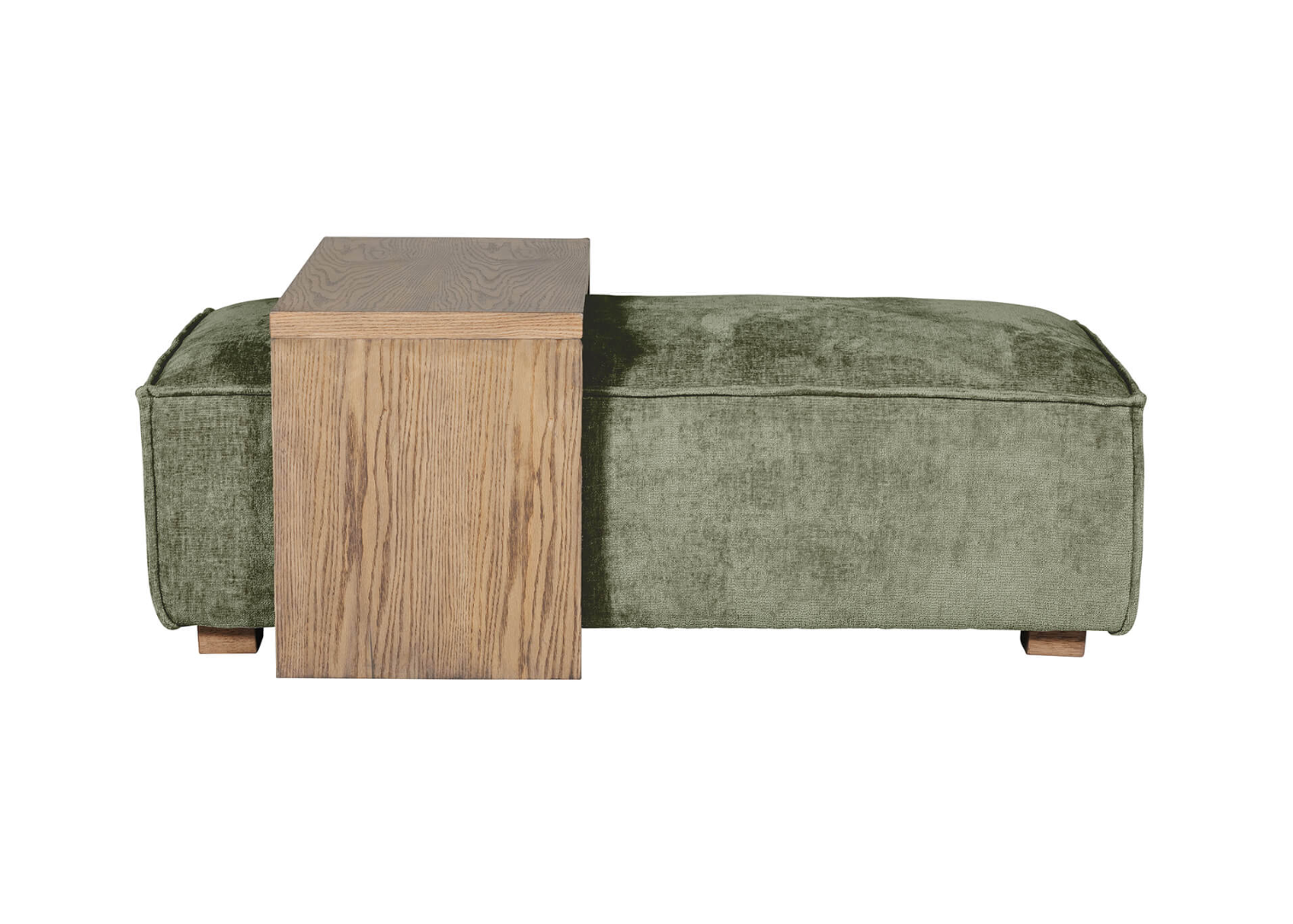 Green upholstered ottoman with wooden square table on a white background