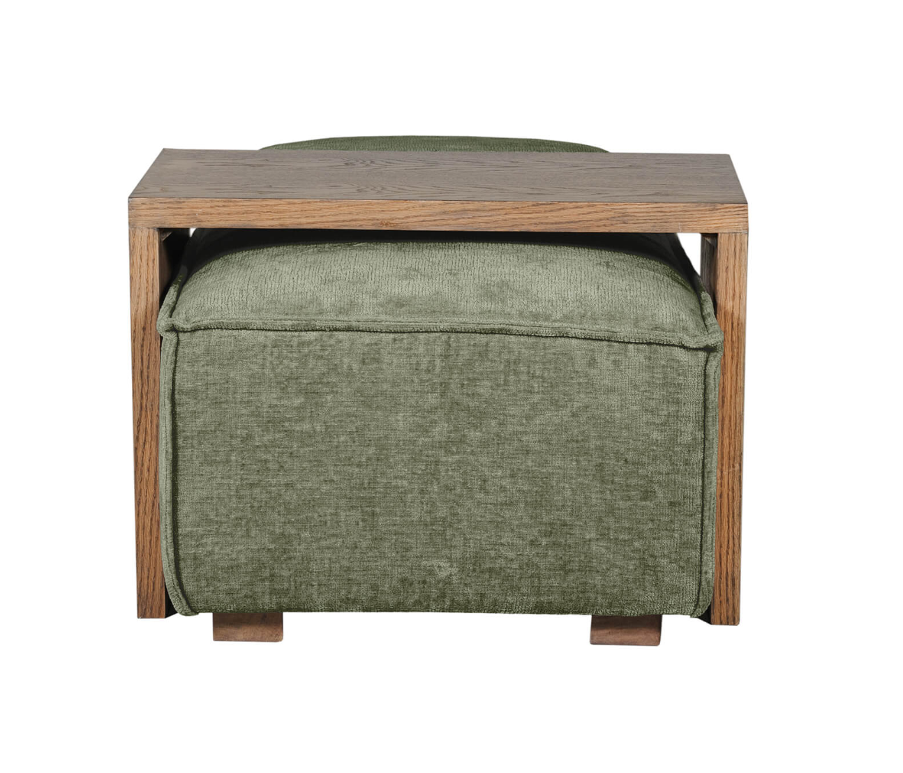 Green upholstered ottoman with wooden frame on a white background
