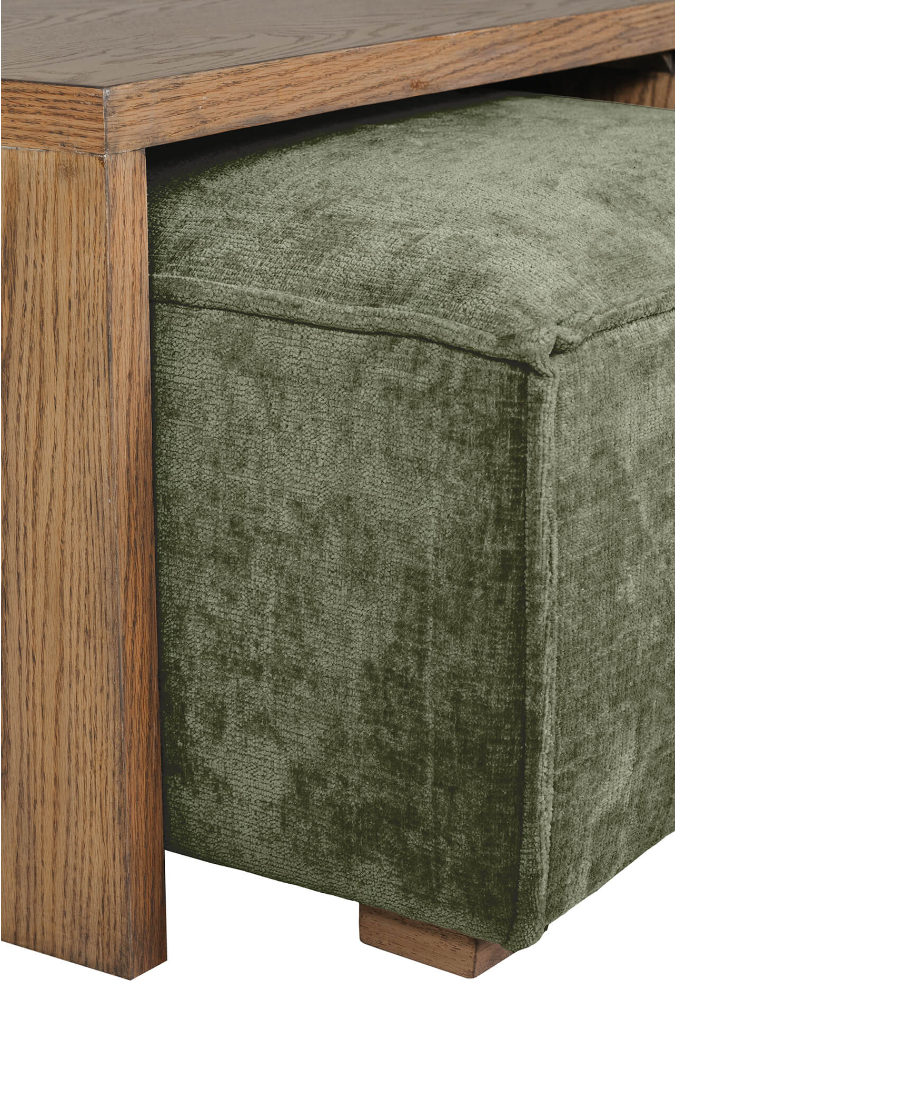 Green upholstered cube with wooden base on a white background