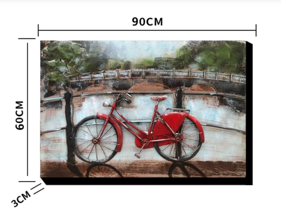 Painting of a red bicycle on a bridge with dimensions indicated