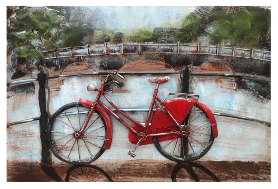Painting of a red bicycle leaning against a wall with a bridge and trees in the background