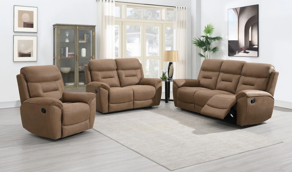Brown leather reclining sofa set in a living room with light wood flooring and large windows.