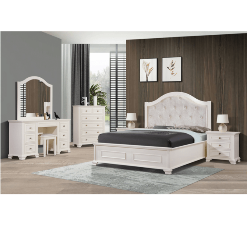 White bedroom furniture set with bed, dresser, mirror, and nightstands in a room.