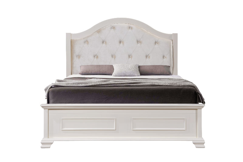 White upholstered bed with tufted headboard on a white background