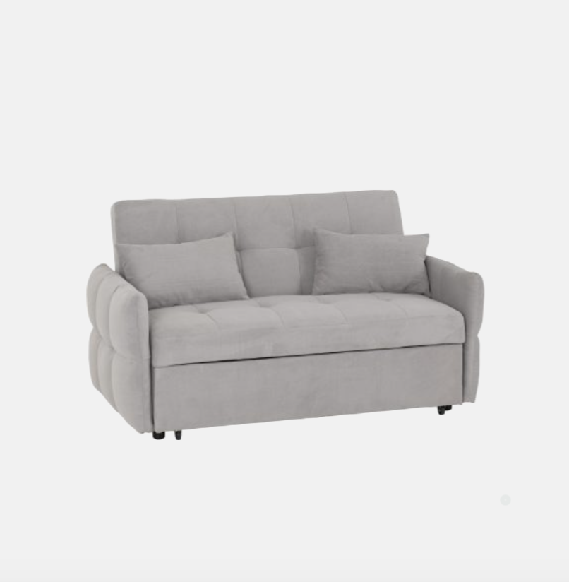 Grey sofa bed with cushions on a white background
