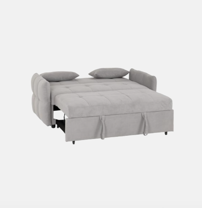 Gray sofa bed with two pillows on a white background