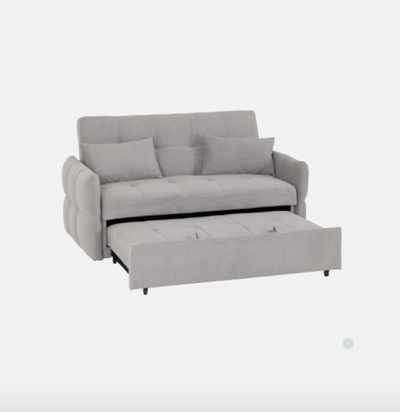 Grey sofa bed with storage compartment on a white background