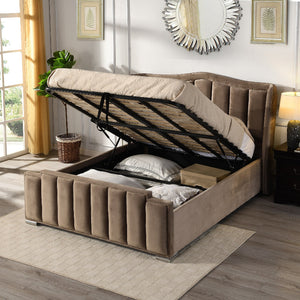 Brown upholstered bed with storage compartments in a bedroom setting.