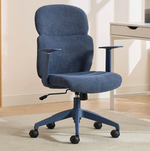 Blue office chair in a room with a desk.