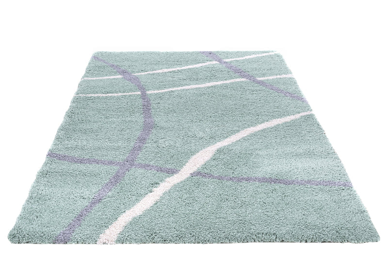 Light blue rug with white and purple lines on a white background