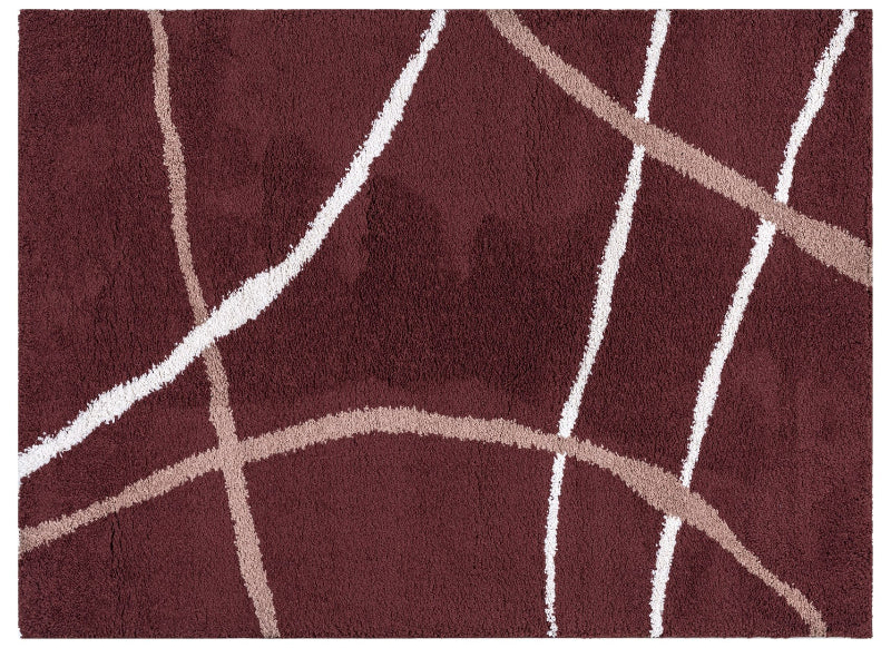 Brown rug with white and beige abstract lines