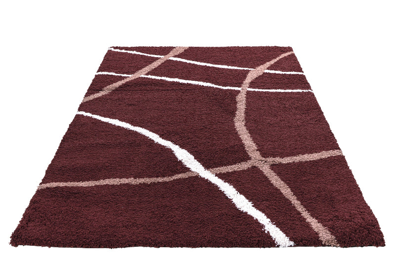 Brown rug with white and beige lines on a white background
