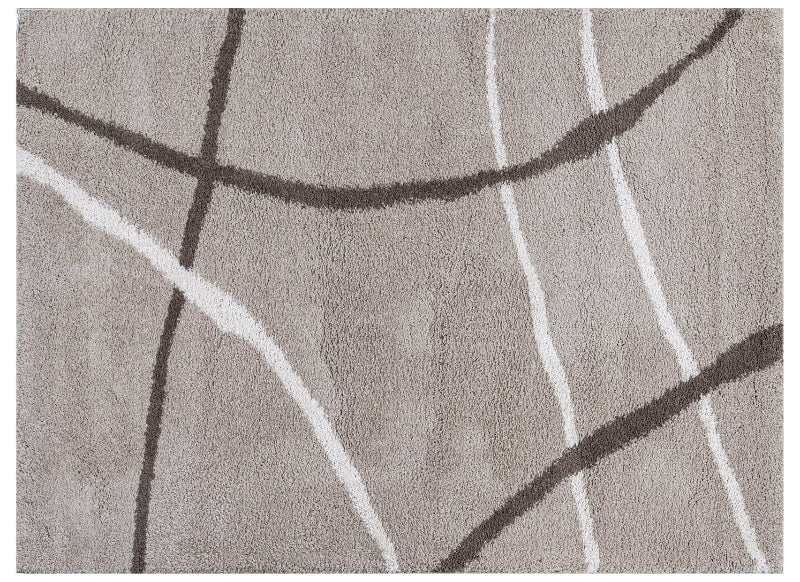 Close-up of a textured rug with abstract line design on a neutral background