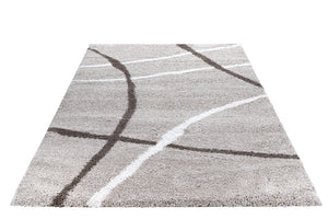 Gray area rug with white and black abstract patterns on a white background