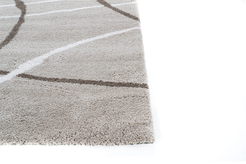 Gray area rug with white and brown lines on a white background