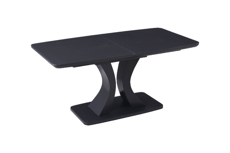 A black extending dining table with a tempered glass top and a metallic/black base.