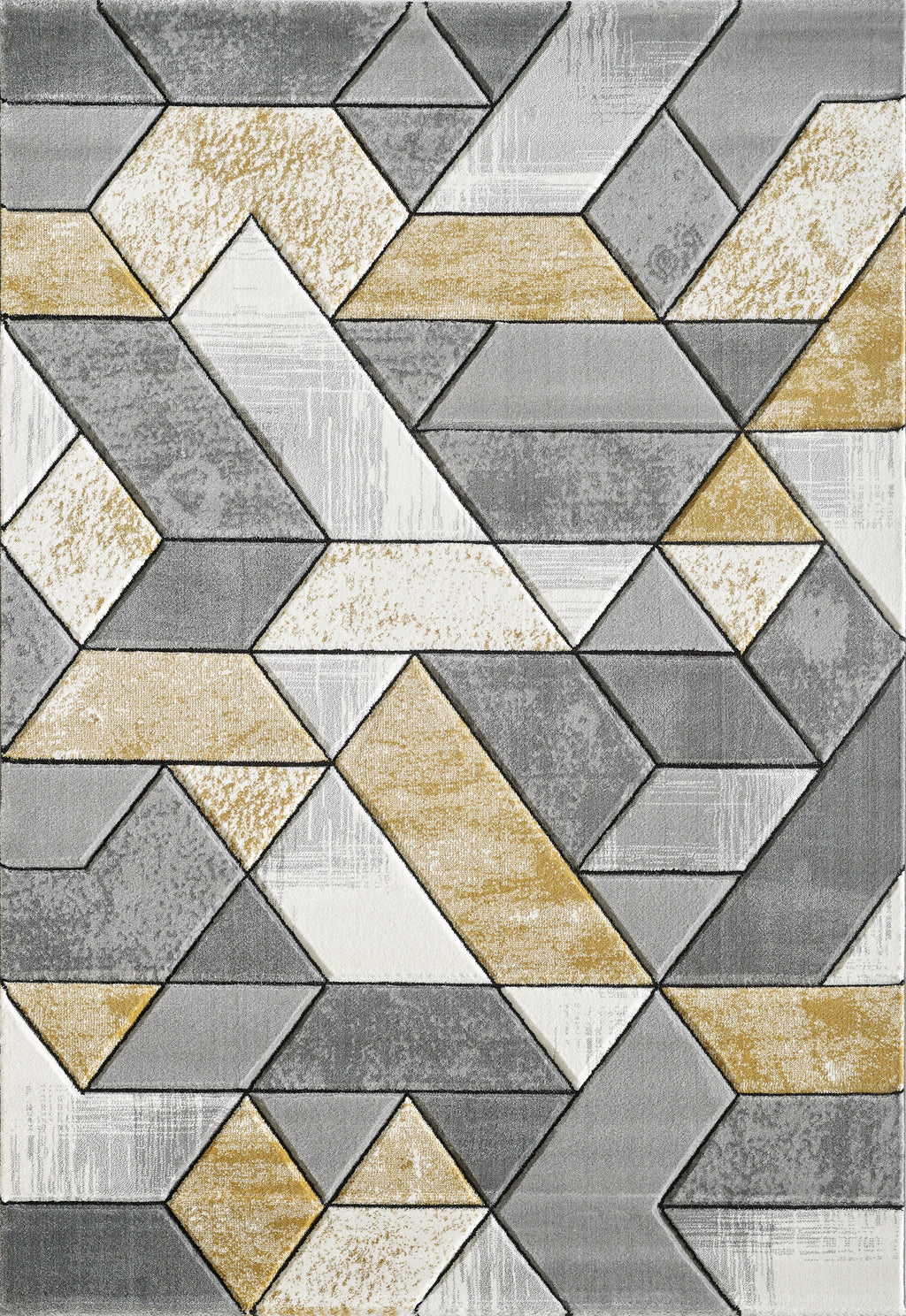 Geometric patterned rug with triangles in gray, beige, and white.
