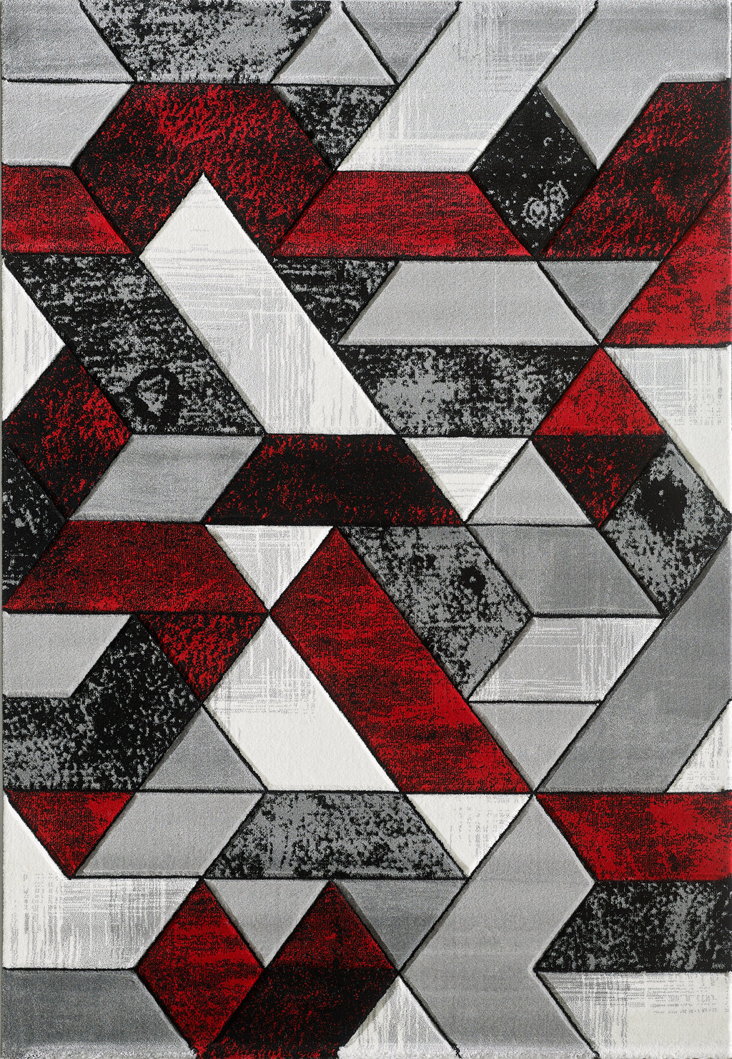 Geometric patterned rug with red, black, and gray triangles