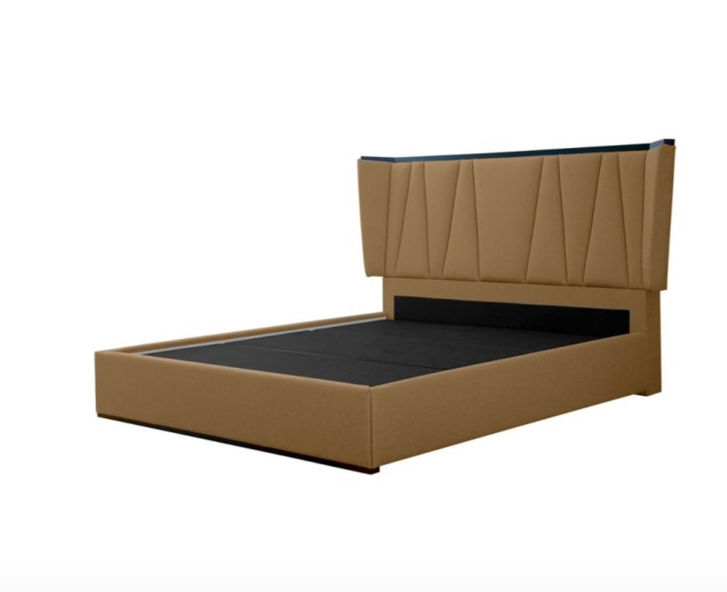 Beige upholstered bed frame with black mattress on a white background
