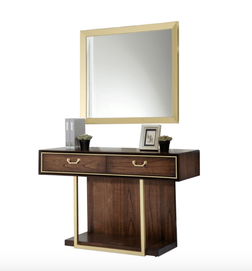 Wooden console table with mirror on a white background