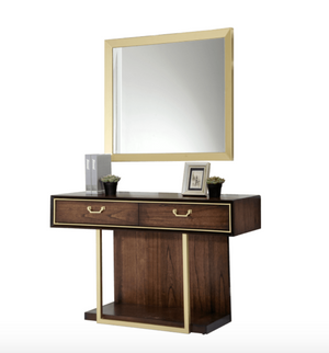 Wooden console table with mirror on a white background