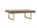 Modern coffee table with wooden top and gold metal legs on a white background