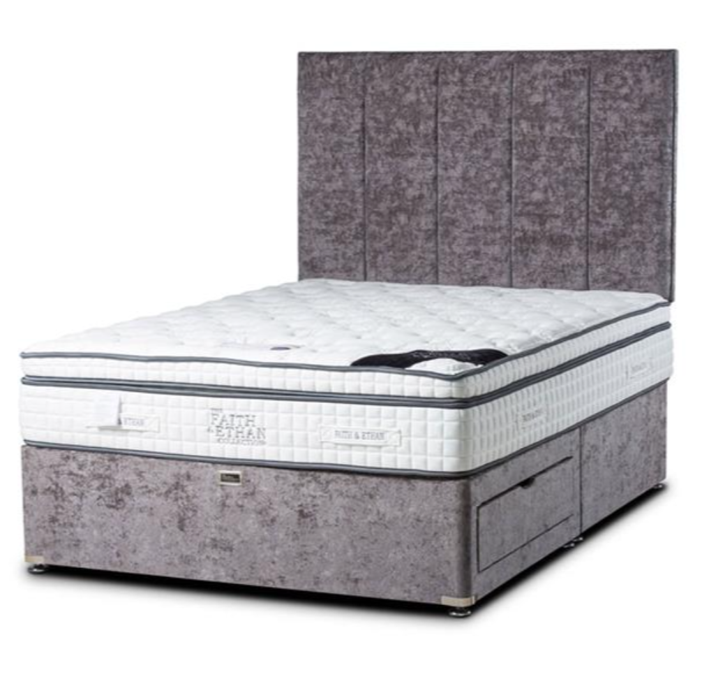 Gray upholstered bed with mattress on a white background