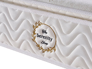 Mattress with 'The Serenity Sleep' logo on a white background