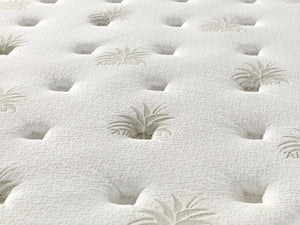 Close-up of a white mattress with tufted design
