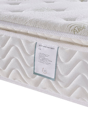 Close-up of a white mattress with 'Aloe' branding and product details label.