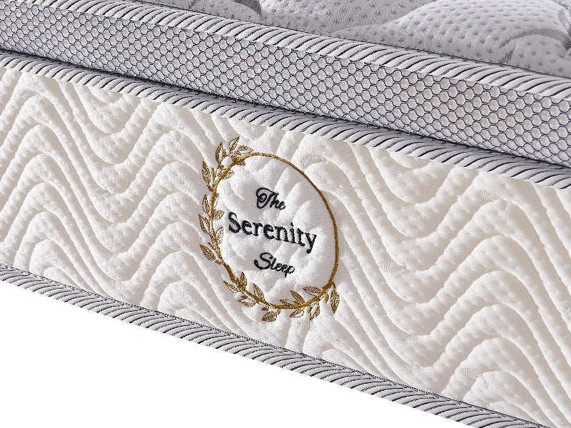 Mattress with 'The Serenity Sleep' logo on a white background