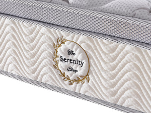 Mattress with 'The Serenity Sleep' logo on a white background