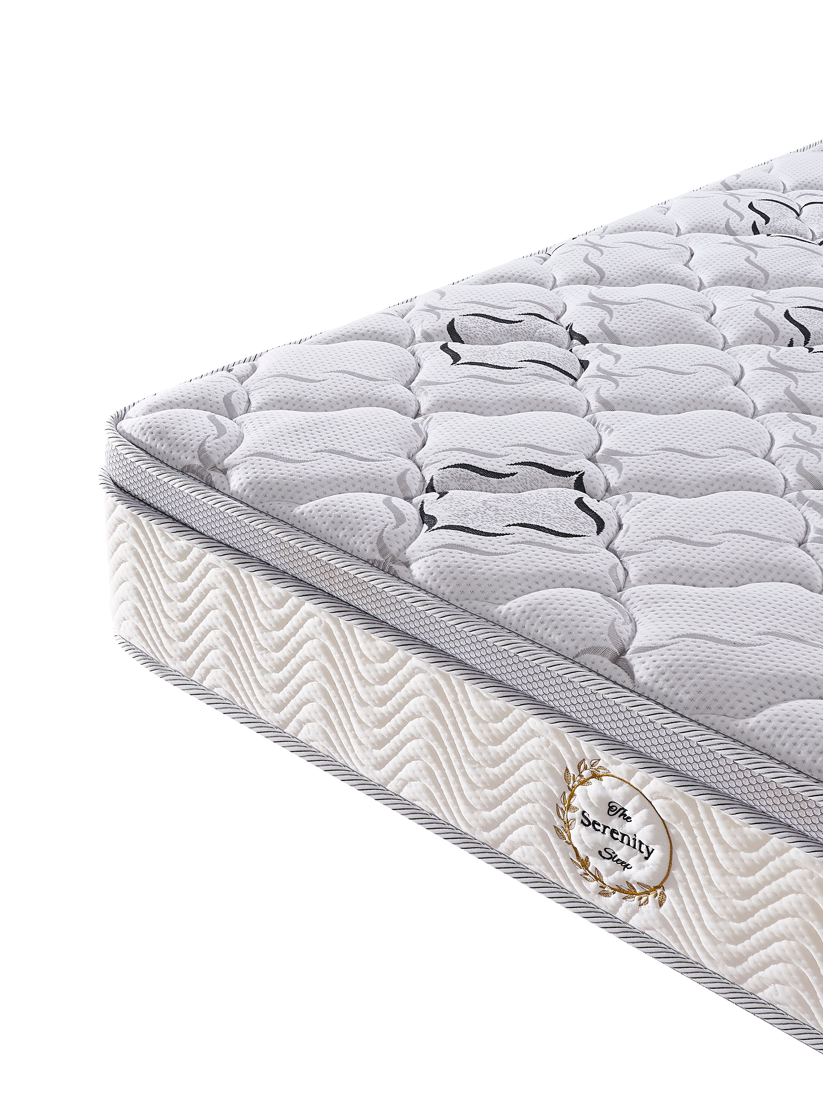 Gray mattress with 'Serenity' branding on a white background