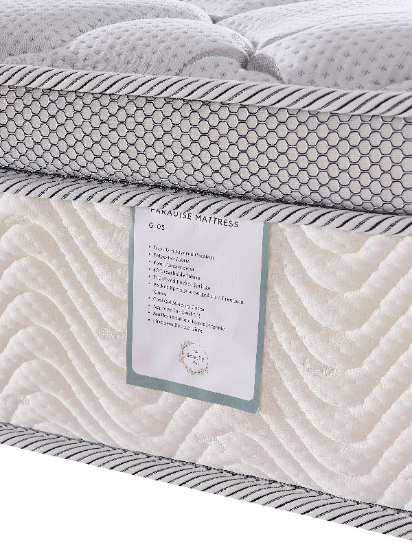Gray and white mattress with a label on a white background
