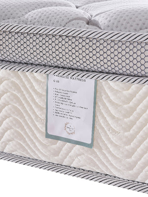Gray and white mattress with a label on a white background