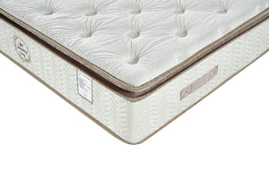 Close-up of a mattress with a brand label on a white background