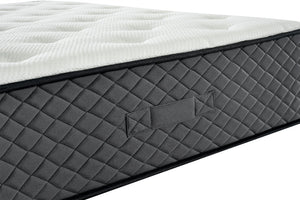 Gray quilted mattress with a brand logo on a white background