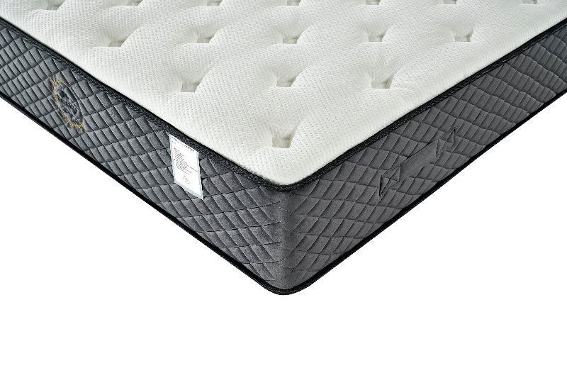 Corner of a mattress with quilted design on a white background