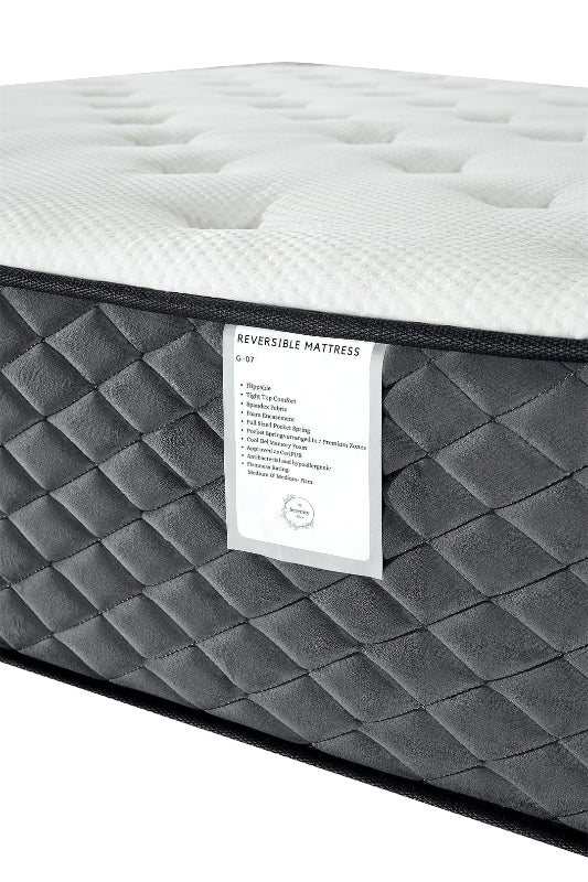 Gray and white mattress with a label on a white background