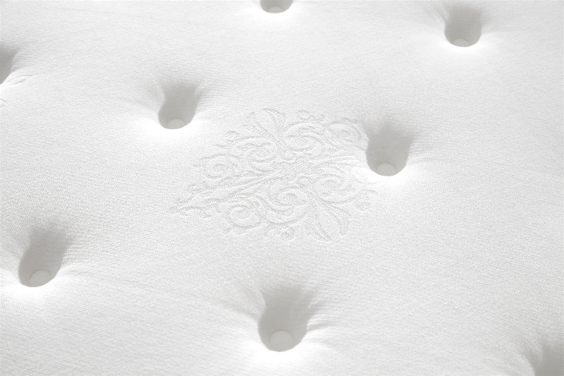 Close-up of a white mattress surface with visible stitching