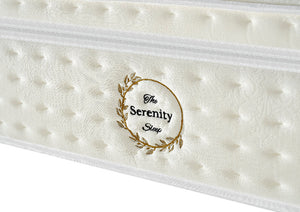 Mattress with 'The Serenity Sleep' logo on a white background