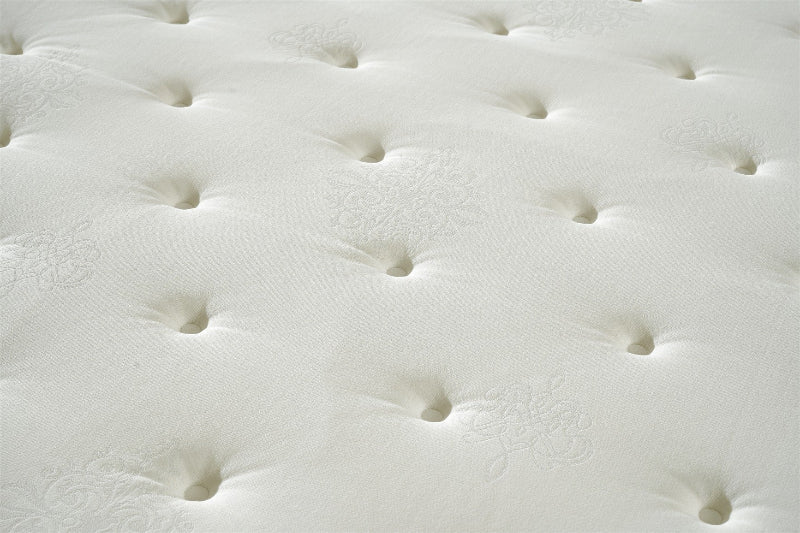 Close-up of a white mattress surface with tufted design