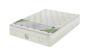 White mattress with brand label on a white background