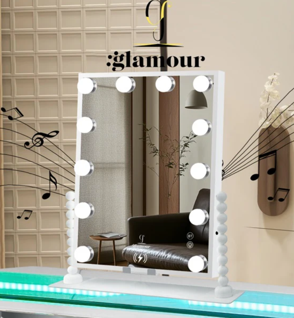 Makeup mirror with lights on a stand, branded 'glamour', in a room setting.
