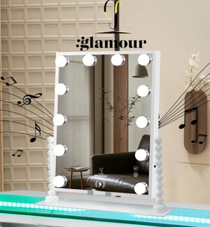 Makeup mirror with lights on a stand, branded 'glamour', in a room setting.