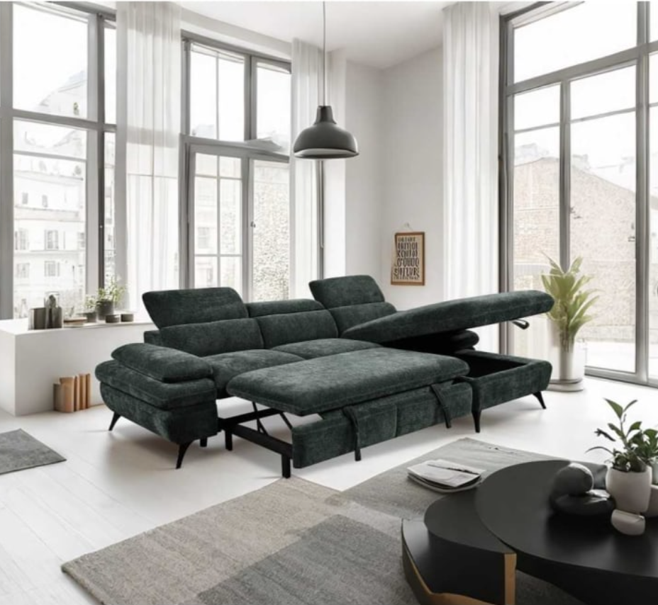 Modern living room with a dark gray sectional sofa, coffee table, and large windows.