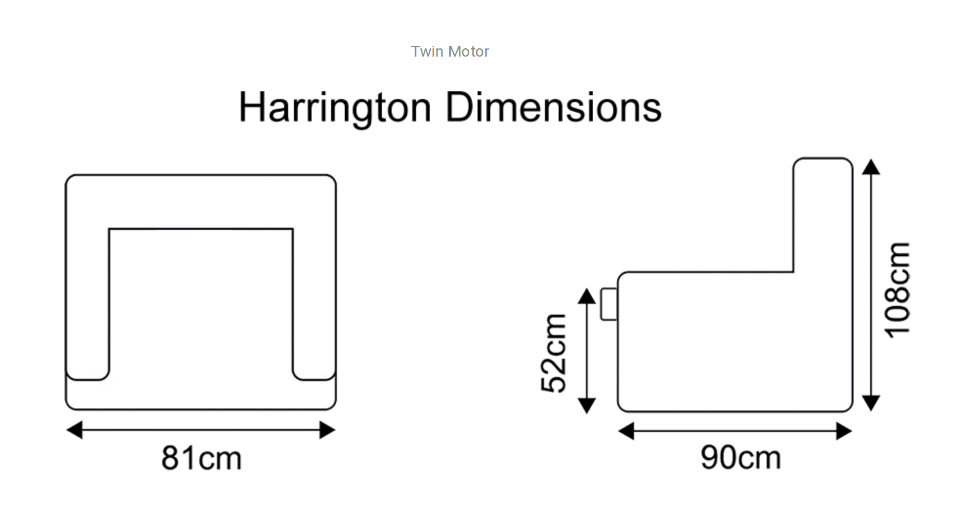 Diagram showing the dimensions of a Harrington product with labels for width, height, and depth.