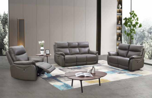 Gray leather sofa set in a modern living room with a coffee table and decor items.