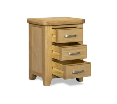Wooden nightstand with three drawers on a white background